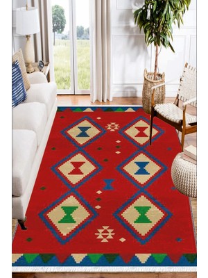 Woopsh Kırmızı Mavi Otantik Desenli Yıkanabilir Kaymaz Salon Halısı Dekoratif Kilim Arm- 1112