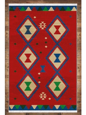 Woopsh Kırmızı Mavi Otantik Desenli Yıkanabilir Kaymaz Salon Halısı Dekoratif Kilim Arm- 1112