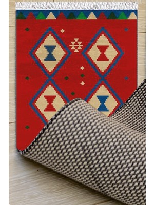 Woopsh Kırmızı Mavi Otantik Desenli Yıkanabilir Kaymaz Salon Halısı Dekoratif Kilim Arm- 1112