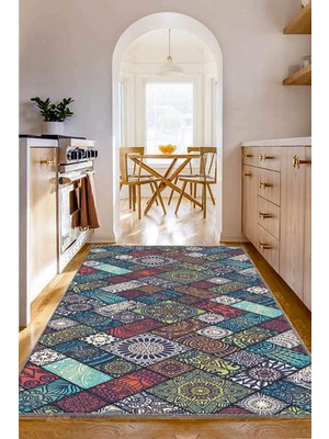 Woopsh Patchwork Kutular Desenli Yıkanabilir Kaymaz Keçe Taban Mutfak Halısı KITCHEN-7062