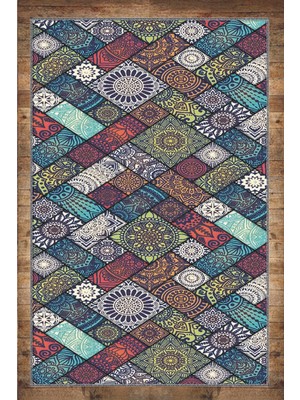 Woopsh Patchwork Kutular Desenli Yıkanabilir Kaymaz Keçe Taban Mutfak Halısı KITCHEN-7062