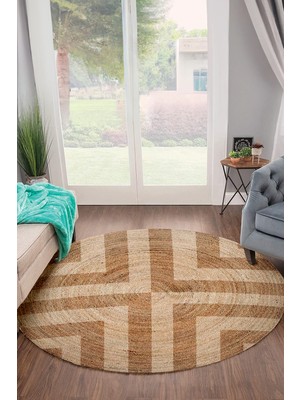 Woopsh Simetrik Kareler Desenli Natural Modern Baskılı Jüt Örme Halı Hasır Kilim