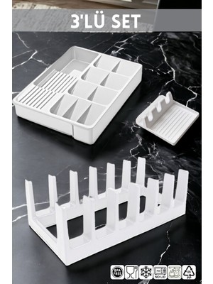 NY Home 3'lü Mutfak Seti Beyaz Kaşıklık-Kaşık Tutma Aparatı-Tencere Kapak Düzenleyici