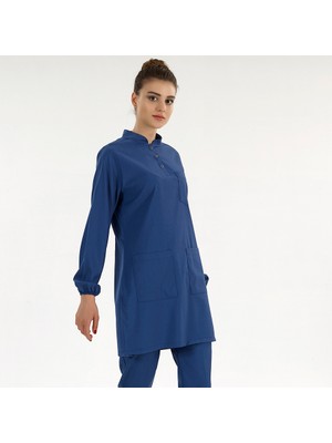 Çizgi Medikal Petrol Mavisi Lüks Likralı Doktor Hemşire Tesettürlü Hakim Yaka Takım