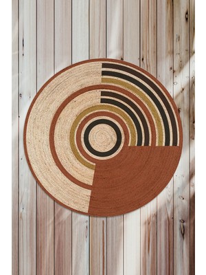 Woopsh Dairesel Şerit Desenli Natural Modern Baskılı Jüt Örme Halı Hasır Kilim