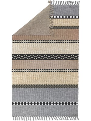 Woopsh Alaçatı 1 Kahve Yatay Şerit Desen Otantik Motif Kara Tezgah Halı Çift Taraflı Kilim