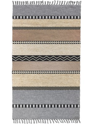 Woopsh Alaçatı 1 Kahve Yatay Şerit Desen Otantik Motif Kara Tezgah Halı Çift Taraflı Kilim