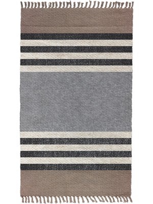 Woopsh Alaçatı 3 Kahve Siyah Bloklu Şerit Desen Otantik Motif Kara Tezgah Halı Çift Taraflı Kilim