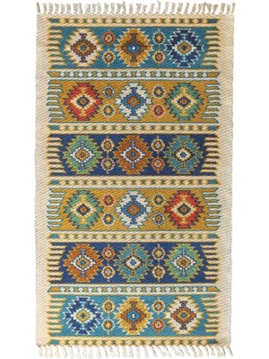 Woopsh Alaçatı 9 Renkli Şerit ve Otantik Motif Kara Tezgah Halı Çift Taraflı Kilim