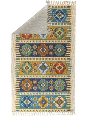 Woopsh Alaçatı 9 Renkli Şerit ve Otantik Motif Kara Tezgah Halı Çift Taraflı Kilim