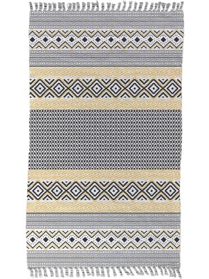 Woopsh Alaçatı 14 Sarı Siyah Iskandinav Desen Otantik Motif Kara Tezgah Halı Çift Taraflı Kilim