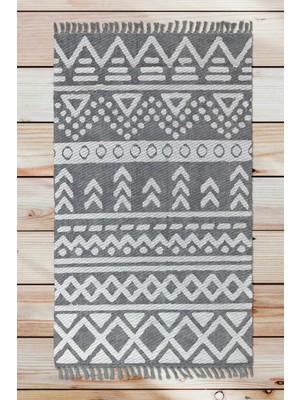 Woopsh Alaçatı 65 Gri Iskandinav Kilim Desen Otantik Motif Kara Tezgah Halı Çift Taraflı Kilim