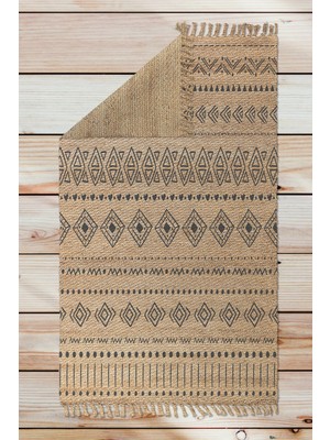 Woopsh Alaçatı 71 Siyah Motif Şeritli Iskandinav Desen Otantik Kara Tezgah Halı Çift Taraflı Kilim