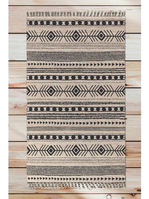 Woopsh Alaçatı 68 Siyah Bej Iskandinav Kilim Desen Otantik Kara Tezgah Halı Çift Taraflı Kilim