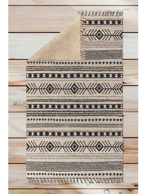 Woopsh Alaçatı 68 Siyah Bej Iskandinav Kilim Desen Otantik Kara Tezgah Halı Çift Taraflı Kilim