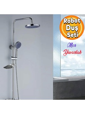 Badem10 Robot Tepe Duş Seti Takımı Shower Yağmurlama Yuvarlak Banyo Masaj Duş Başlığı Sistemi Mor Krom
