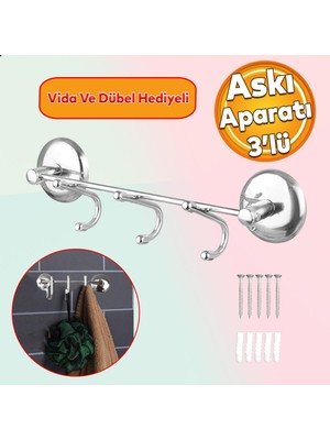 Badem10 Banyo Lavabo Vidalı Askılık 3'lü Metal Sağlam Aparat Krom Askılık Elbise Havlu Asma Askı