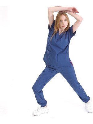 Çizgi Medikal Jogger Lüks Kaliteli Likralı Doktor Hemşire Forması Scrubs Petrol Mavisi