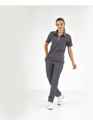 Çizgi Medikal Polo Lüks Kaliteli Likralı Doktor Hemşire Forması Scrubs Füme