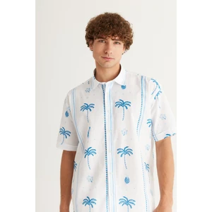 Altınyıldız Classics Erkek Beyaz-lacivert Oversize Bol Kesim Klasik Yaka %100 Pamuk Baskılı Gömlek