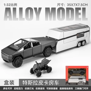 [kutulu] Chezhi 1:32 Tesla* Kamyonet + Seyahat Arabası + Küçük Motosiklet Alaşımlı Ses ve Işık Geri Çekilebilir Araba Modeli Siyah (Yurt Dışından)