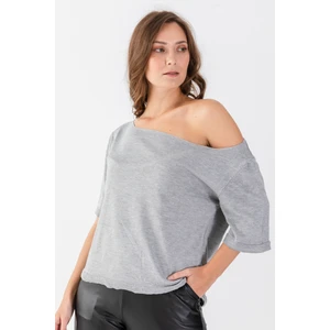 Kayık Yaka Crop Gri Melanj Triko T-Shirt