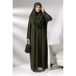 Haki Kadın Çantalı Pratik Başörtülü Tek Parça Namaz Elbisesi
