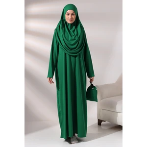 Zümrüt Yeşili Kadın Çantalı Pratik Başörtülü Tek Parça Namaz Elbisesi