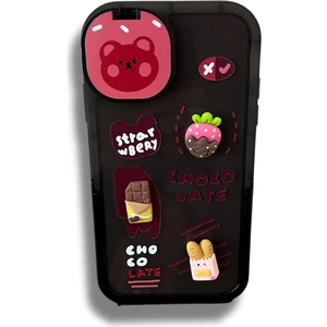 Apple iPhone 11 Choco Late Aynalı Standlı Çilek Çikolata Figürlü Siyah Telefon Kılıfı