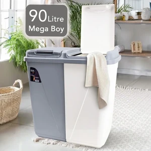 Meleni Home Mega Duo İki Bölmeli Kirli Çamaşır Sepeti - Banyo Çamaşır Sepeti Renkliler & Beyazlar 90 Lt