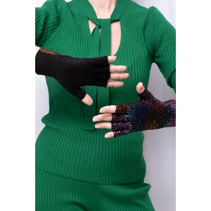 Parlak Baskılı Kadın Eldiven - Siyah - PS3199