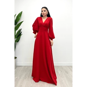 Krep Kumaş Kolları Tül Abiye Elbise - Kırmızı