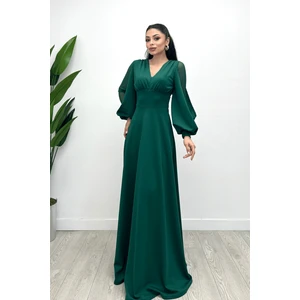 Krep Kumaş Kolları Tül Abiye Elbise - Zümrüt Yeşil
