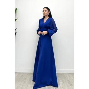 Krep Kumaş Kolları Tül Abiye Elbise - Saks Mavi