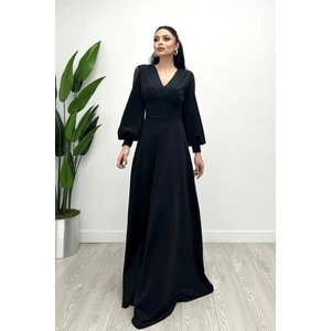 Krep Kumaş Kolları Tül Abiye Elbise - Siyah