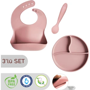 Meleni Baby 3'lü Silikon Beslenme Seti - Silikon Mama Önlüğü Diş Kaşıyıcılı Kaşık Vakum Tabanlı Tabak