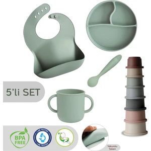 Meleni Baby 5'li Set Silikon Mama Önlüğü Kulplu Bardak Vakumlu Tabak Mama Kaşığı ve Kule Aktivite Oyuncağı Yeşil