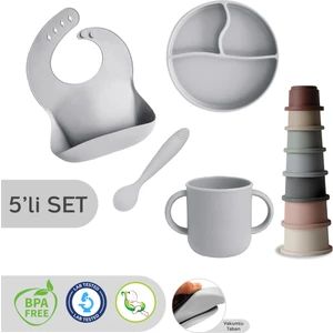 Meleni Baby 5'li Set - Silikon Mama Önlüğü Kulplu Bardak Vakumlu Tabak Mama Kaşığı ve Kule Aktivite Oyuncağı Gri