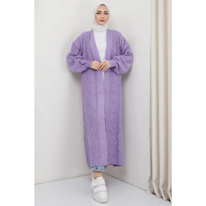 Hafsa Mina Kiraz Desenli Uzun Triko Hırka Lila HM2334
