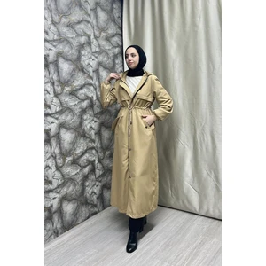 Burcu Tesettür Belden Kemer Detayli Uzun Trençkot BRC1908 Latte
