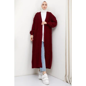 Hafsa Mina Kiraz Desenli Uzun Triko Hırka Bordo HM2334