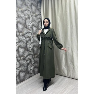 Burcu Tesettür Belden Kemer Detayli Uzun Trençkot BRC1908 Haki