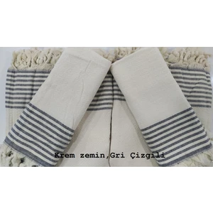 Battal Boy Kolları Örten Pamuklu Krem Zemin Gri Çizgili Koltuk Örtüsü Takımı 3+3+1+1
