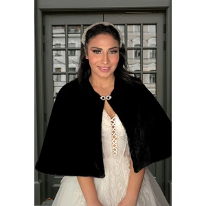 Elegance Scarf Uzun Broşlu Kürk Etol Gelin Bolero Siyah Standart Ebat