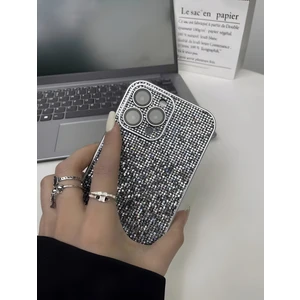 Apple iPhone 15 Pro Max Uyumlu Taşlı Simli Kamera + Lens Korumalı Kılıf