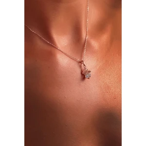 925 Ayar Rose Kaplamalı Beyaz Taşlı Kelebek Gümüş Kolye