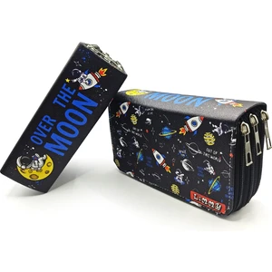 Astronot Moon Galaksi Kalem Kutusu Kawai Organizer Kalemkutu Vegan Deri Üç Bölmeli Kalemlik Siyah