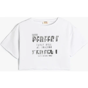 Crop Tişört Slogan Baskılı Kısa Kollu Bisiklet Yaka Pamuklu