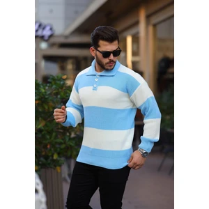 Düğmeli Polo Yaka Yarım Oversize  Çizgili Triko Kazak - Mavi