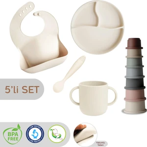 Meleni Baby 5'li Set Silikon Mama Önlüğü Kulplu Bardak Vakumlu Tabak Mama Kaşığı ve Kule Aktivite Oyuncağı Krem